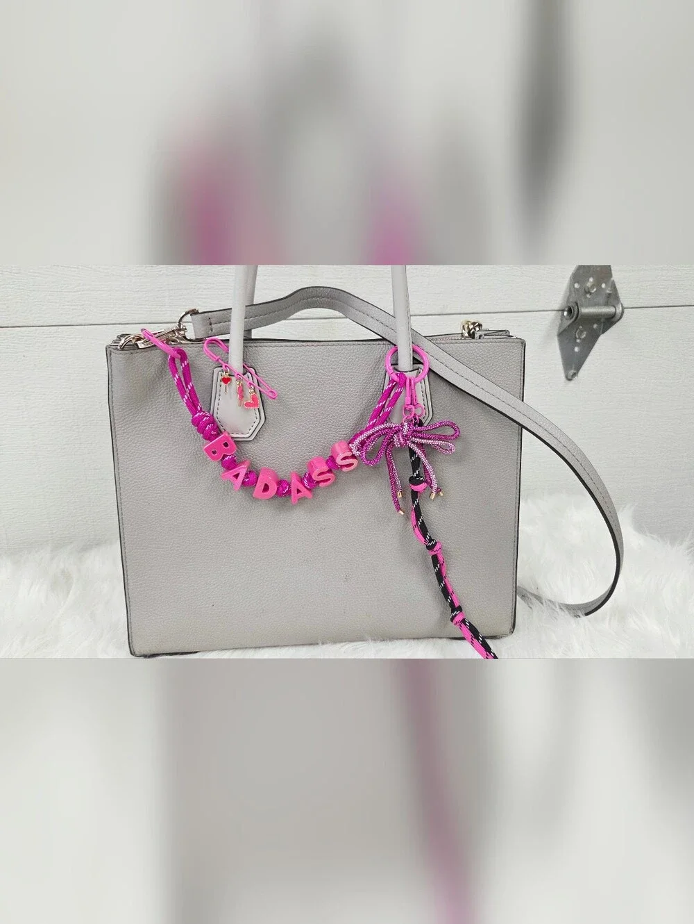4pc Pink 'BADASS' Purse Bag Charm Keychain and Strap Set